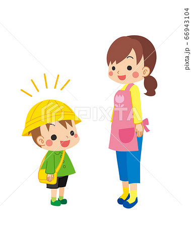 先生に元気に挨拶する幼稚園児の男の子のイラスト素材