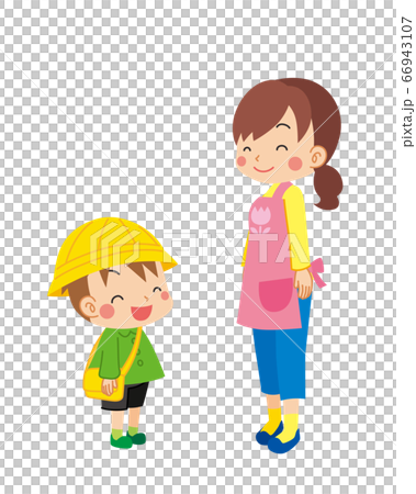 微笑み合う幼稚園児の男の子と幼稚園の先生のイラスト素材