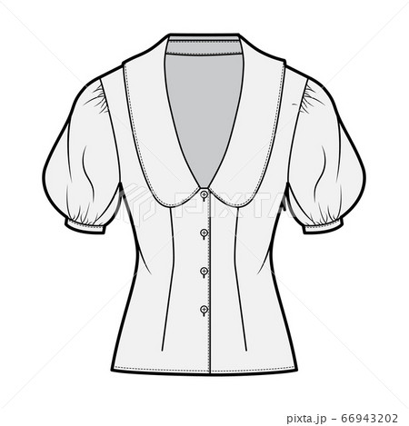 Blouse technical fashion illustration with collar framing the plunging V neck, oversized medium puffed sleeves, fitted 66943202