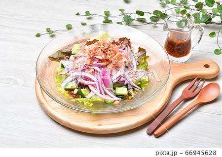 タマネギサラダ、オニオンサラダ、レッドオニオン(赤玉葱)のスライスサラダ、鰹節トッピング。 タマネギサラダ、オニオンサラダ、レッドオニオン(赤玉葱)のスライスサラダ、鰹節トッピング。 66945628