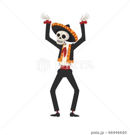 Skeleton in Mexican National Costume Dancing, Day of the Dead Dia de los Muertos Concept Vector Illustration 66946680