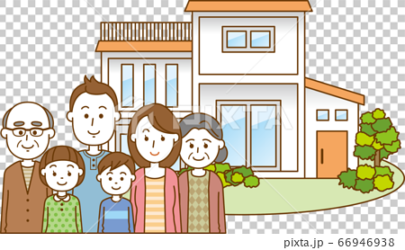 三世代家族と一戸建ての家のイメージイラストのイラスト素材