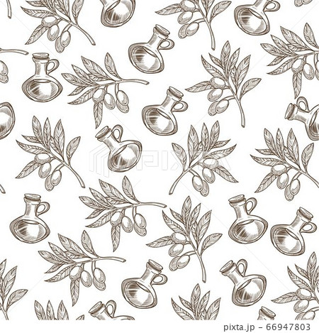 Olive oil poured in container, branches of plant seamless pattern 66947803