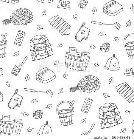 Sauna and Bathhouse accessories. Hand drawn seamless pattern. Sauna and Bathhouse accessories. Hand drawn seamless pattern. 66948343