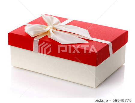 Red gift box with white ribbon bow isolated on white background. Side view. 66949776