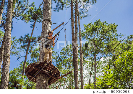Young attractive man in adventure rope park in safety equipment Young attractive man in adventure rope park in safety equipment 66950068