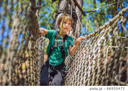 Portrait of cute little boy walk on a rope bridge in an adventure rope park Portrait of cute little boy walk on a rope bridge in an adventure rope park 66950475