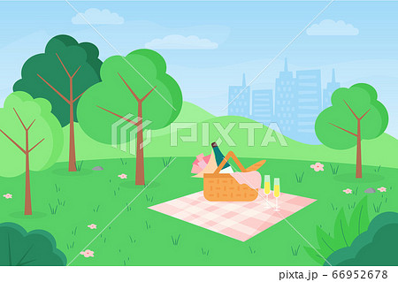 Vector flat illustration of outdoor picnic in urban park on cityscape background. Basket with flowers, food and wine, glasses with champagne on blanket at grass, against city skyscape Vector flat illustration of outdoor picnic in urban park on cityscape background. Basket with flowers, food and wine, glasses with champagne on blanket at grass, against city skyscape 66952678