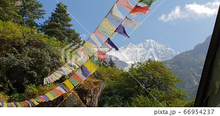 Tibetan prayer flags with mantras flapping on the 66954237