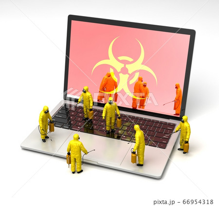 ウイルスに感染したパソコンを消毒する人 ウイルスに感染したパソコンを消毒する人 66954318