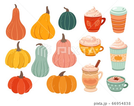 Pumpkin season. Creative simple pumpkins, ripe variety nature objects. Spice latte tasty coffee, hot drink or dessert vector illustration Pumpkin season. Creative simple pumpkins, ripe variety nature objects. Spice latte tasty coffee, hot drink or dessert vector illustration 66954838