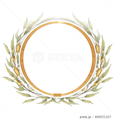 Watercolor green leaves and gold round frame 66955107