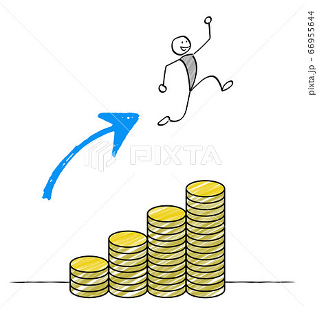硬貨の階段とジャンプする人のイラスト素材