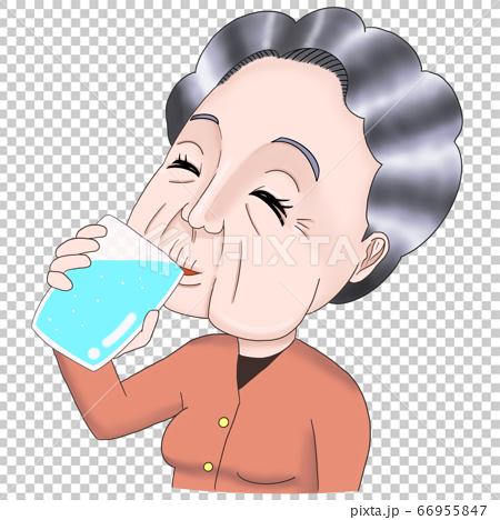 コップを手に持ち水を飲む高齢者 お婆さん 水分補給 のイラスト素材