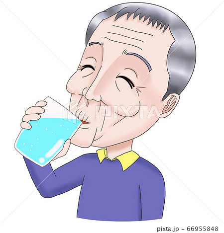 コップを手に持ち水を飲む高齢者 お爺さん 水分補給 のイラスト素材