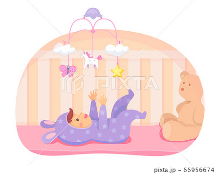 Happy lying baby girl playing in crib cartoon Happy lying baby girl playing in crib cartoon 66956674