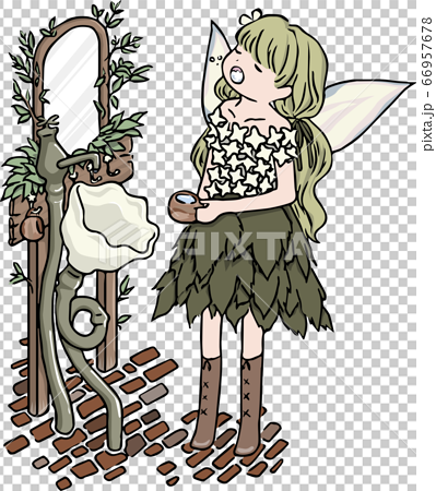 花の服を着た妖精の女の子がうがいをしているイラストのイラスト素材