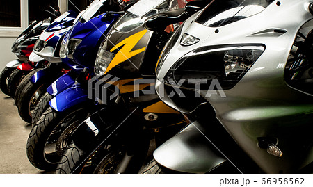 Colored sports road beautiful bikes in motor show 66958562
