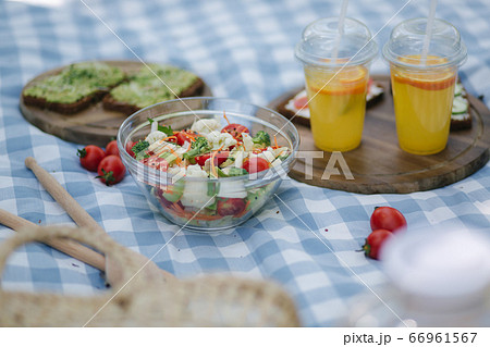 Picnic basket with healthy vegan sandwiches on blue checkered blanket in park. Fresh fruits, vegetables and orange juise. Vegan picnic concept Picnic basket with healthy vegan sandwiches on blue checkered blanket in park. Fresh fruits, vegetables and orange juise. Vegan picnic concept 66961567