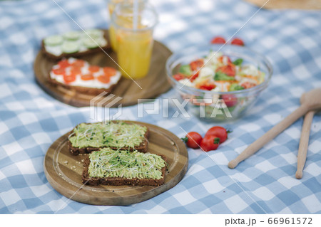 Picnic basket with healthy vegan sandwiches on blue checkered blanket in park. Fresh fruits, vegetables and orange juise. Vegan picnic concept 66961572