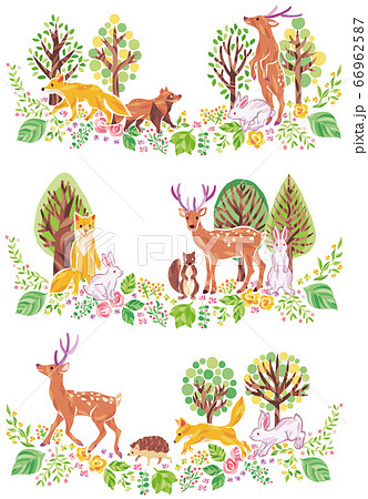 木 花 草などの植物と動物 イラスト セットのイラスト素材