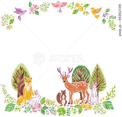 木 花 草などの植物と動物 イラスト フレームのイラスト素材