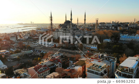 Evening aerial panorama of Istanbul overlooking Blue Mosque. 66963202