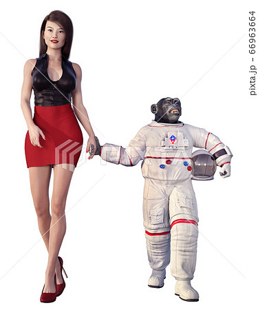 Young woman and chimpanzee in spacesuit with a transparent background 66963664