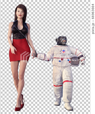 Young woman and chimpanzee in spacesuit with a transparent background 66963664