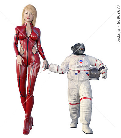 Young Woman And Chimpanzee In Spacesuit With A のイラスト素材