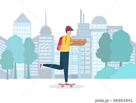 Pizza delivery guy riding skateboard over city background 66963841