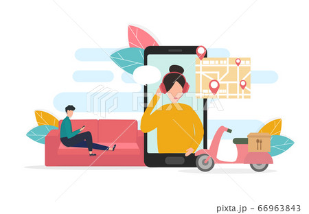 Man on couch using phone, service lady on smartphone screen Man on couch using phone, service lady on smartphone screen 66963843