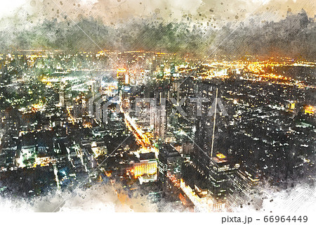 Abstract offices Building in the city on watercolor painting background. City on Digital illustration brush to art. 66964449