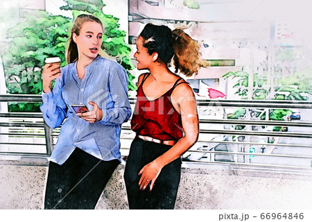 Abstract colorful two young business woman smile portrait and talking in breaking time on watercolor illustration painting background. 66964846