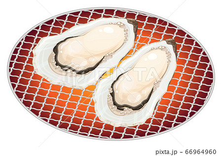 網焼きにする牡蠣のイラスト 海鮮焼きのイラスト素材