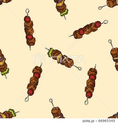 Seamless pattern with hand drawn colored kebab Seamless pattern with hand drawn colored kebab 66965343