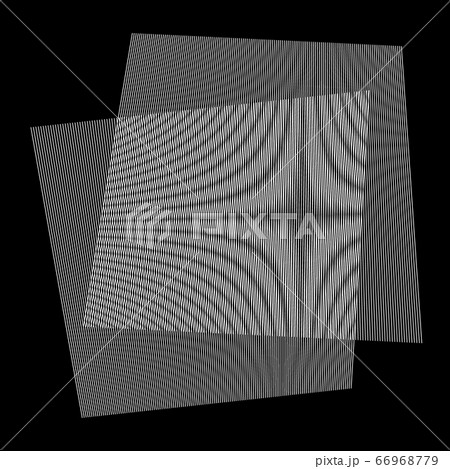 Moire pattern by two overlapping lined surfaces. Moire effect or interference patterns on black background. Vector illustration. 66968779