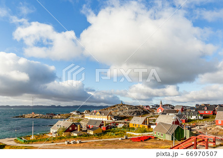 Nuuk city old harbor fjord panorama with clouds 66970507