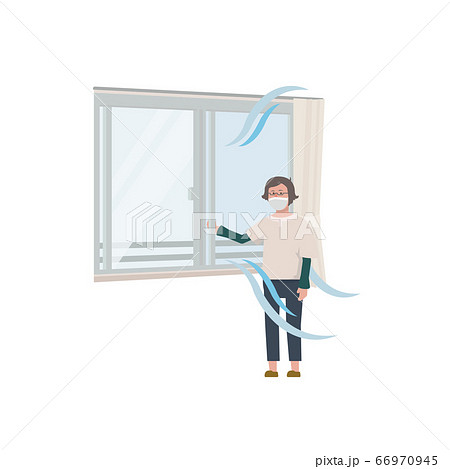 窓を開ける女性 シニア 換気 風通し 教室 通風 空気の入れ替え イラストのイラスト素材
