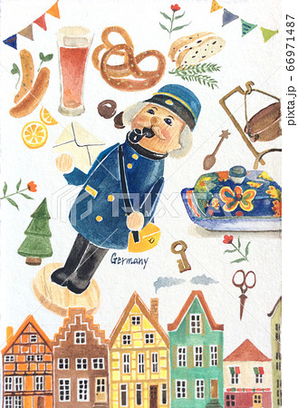 オシャレで可愛いドイツの有名雑貨と建物と食べ物のイラスト壁紙背景素材のイラスト素材