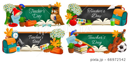 Teacher day, education supplies and chalkboard 66972542