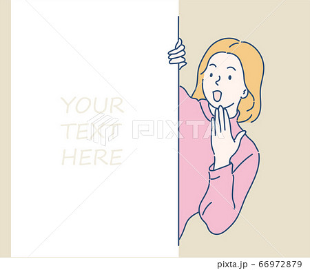 Cheerful girl is standing behind the white blank banner and pointing down at a copy space. Hand drawn in thin line style, vector illustrations. Cheerful girl is standing behind the white blank banner and pointing down at a copy space. Hand drawn in thin line style, vector illustrations. 66972879