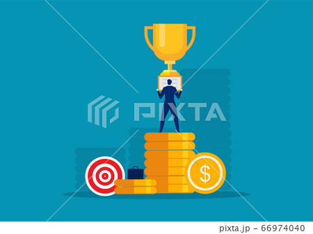 Happy super rich successful businessman on big coin concept vector 66974040