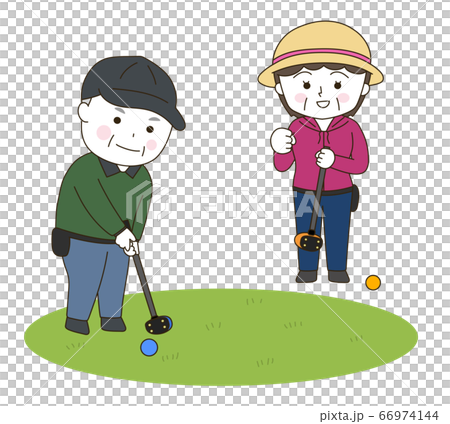 パークゴルフを楽しむ男女 イラスト（白色） 66974144