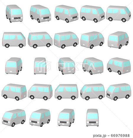 イラスト素材　デフォルメ自動車　ライトグレーのワンボックスカー　マルチアングル　カット集 66976988