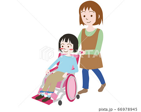 女の子が乗った車椅子を押す女性のイラスト素材
