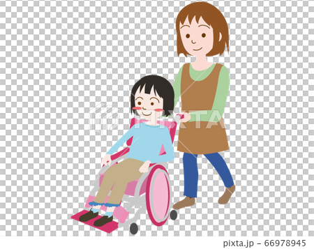 女の子が乗った車椅子を押す女性のイラスト素材 女の子が乗った車椅子を押す女性のイラスト素材