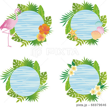 夏 植物 花 フレーム 飾り枠 木目 水色 コピースペース セットのイラスト素材