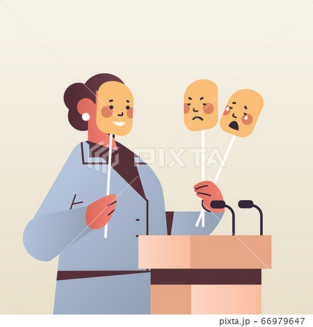 woman candidate politician covering face under masks with different emotions fake feeling election day 66979647