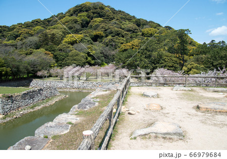 萩城天守址と石垣と堀の景色 66979684